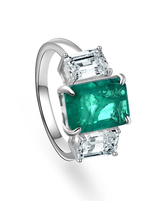 Synthetic emerald [R 2353] 925 Sterling Silver High Carbon Diamond Green Geometric Luxury Band Ring